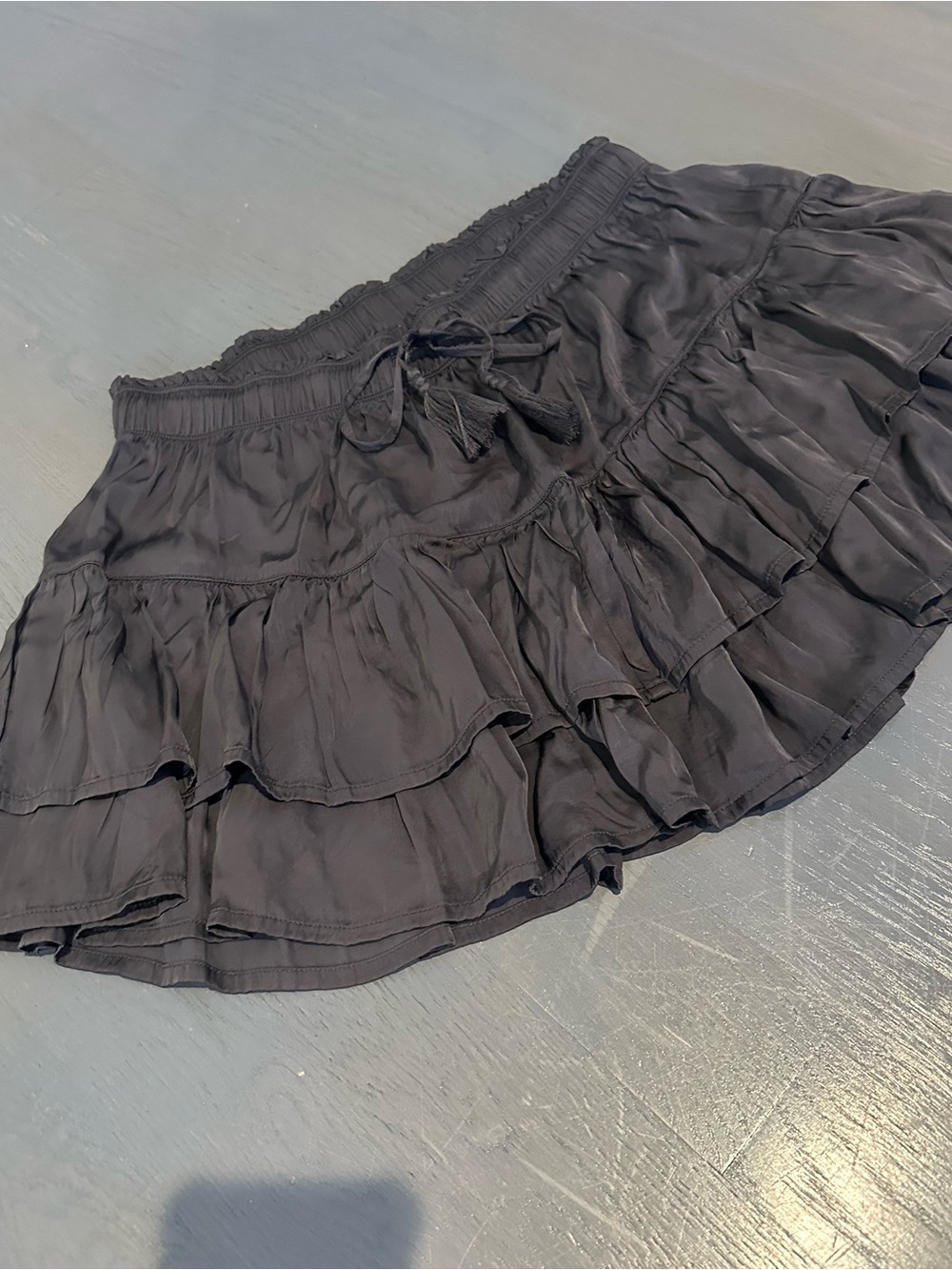 Aerie Black Tiered Ruffle Mini Skirt Tassel Drawstring Size L - Picture 3 of 6